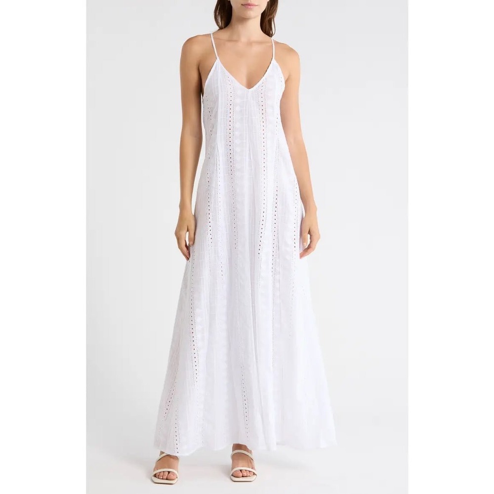 Maaji White Eyelet Swiss Dot Maxi Dress V-Neck‎ Tie Back Boho Summer Beach Small